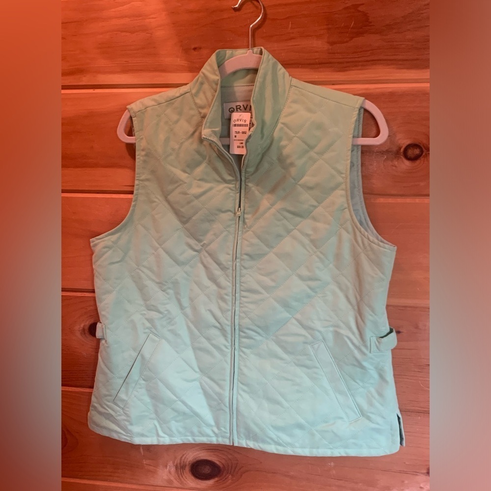 Orvis Womens M Waffle Knit Vest Full Zip Quilted Mint Lime Green Camp Sz M